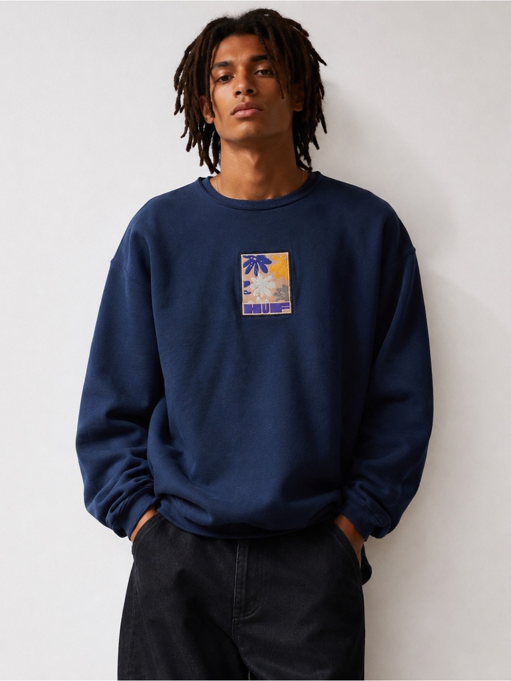 HUF Navy Crewneck Sweatshirt with Palm Patch